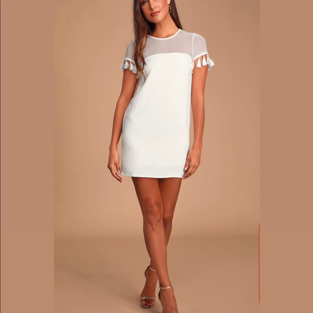 Lulus white mesh too shift dress w/ white tassels